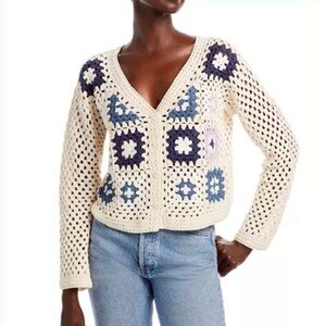 Driftwood Crochet Granny Floral Square Cardigan Sweater Size XS